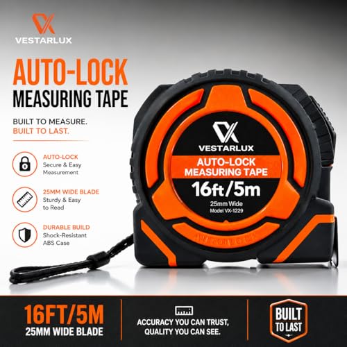 AutoLock Bande de mesure de poids lourd auto-décollant bande de mesure avec crochet multi-correspondance, 1-Inch Lame large double échelle Impériale & Outil rétractable métrique durable pour la construction & DIY (5m/16ft)