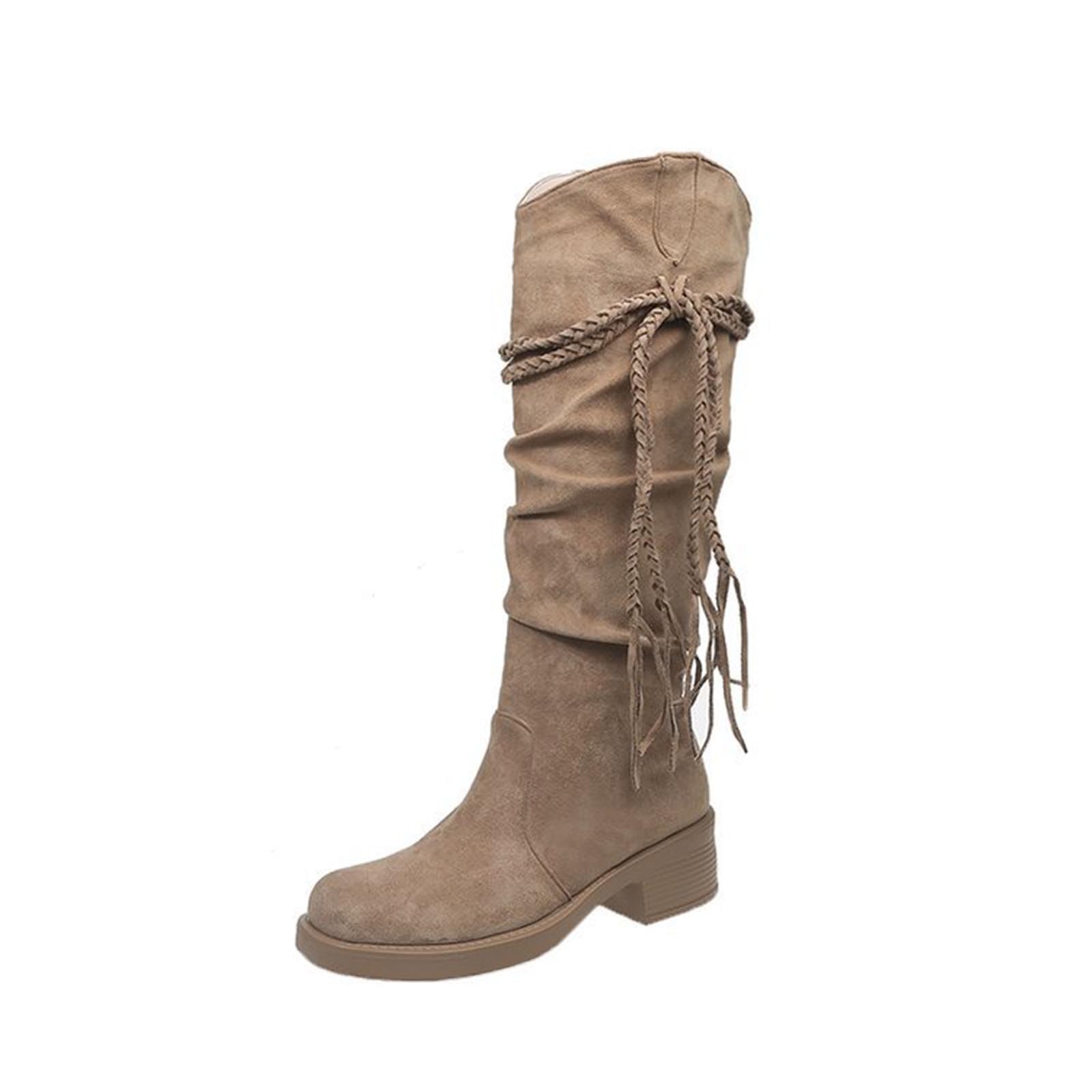 Women Stacked Knee High Boots Round Square Toe Thick Heel Low Heel Winter Fashion Boots Comfortable Casual Wear