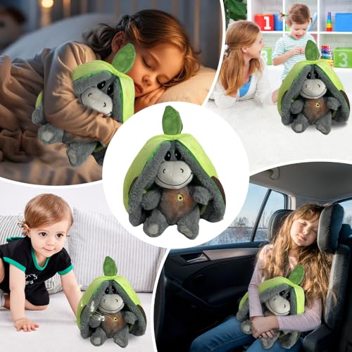 KUWUNG Atmendes Kuscheltier Esel, Herzschlag Plüsch Esel mit Atmung, Musik und Lichtern, Weiches Erdbeer Avocado Plüschtier Puppe, Kuscheltier Atmet Esel zum Linderung Angstzuständen 32 cm