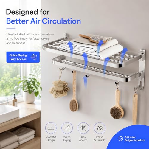 Image of Amazon Basics 1.5 KG Heavy Stainless Steel Folding Towel Holder in Bathroom, 24 Inch Wall Mounted Towel Rack with Hooks, Foldable Rustproof Towel Hanger,Space Saving Towel Holder, Chrome Finish