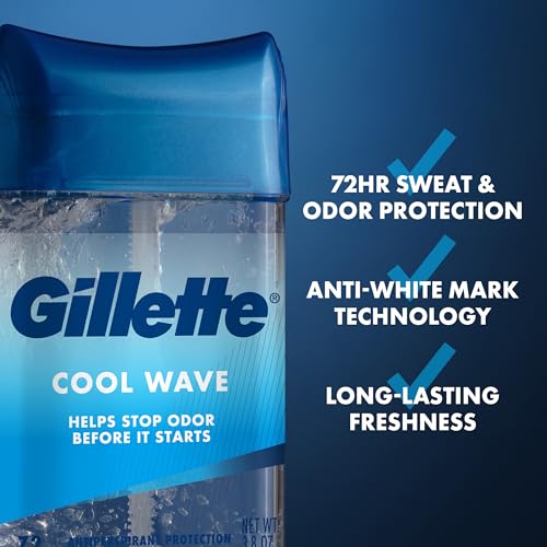 Image of Gillette Antiperspirant and Deodorant for Men, 72hr Clinical Strength Sweat & Odor Protection, Long Lasting Freshness, Anti-White Mark Technology, Clear Gel, Cool Wave Scent, 3.8 oz (Pack of 4)