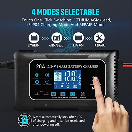 20-Amp Lifepo4 Lithium AGM Gel Smart Battery Charger, 12V/20A 24V/10A Trickle Charger, Maintainer for car Boat Motorcycle, Lawn Mower