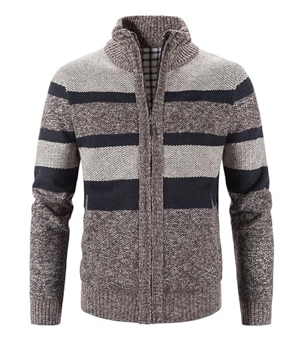 Men's Casual Knitted Stand Collar Sweater Full Zip Cardigan Knitted Sweater Relaxed Fit Stripe Print Sweaters2