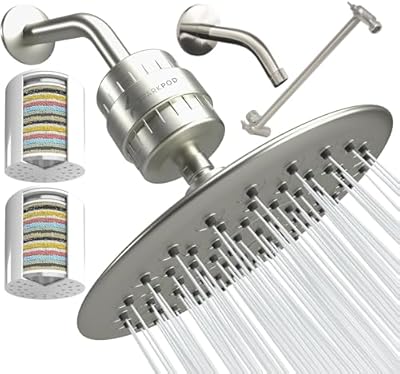SparkPod High Pressure Shower Filter Head with 1 Extra Filter, Shower Arm and Extension - Water Filter and 9.5" Shower Head with Enhanced Formula Filter Helps Remove Chlorine (Elegant Brushed Nickel)