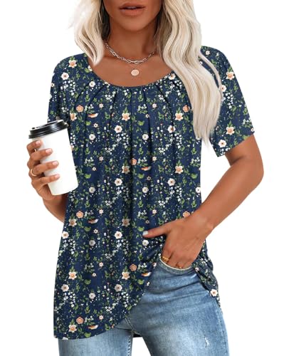 Anymeet Woman's Summer Tunic Short Sleeve Casual Tops Blouses Beach for Leggings Basic Hide Belly Soft Navy Blue Flowers Medium
