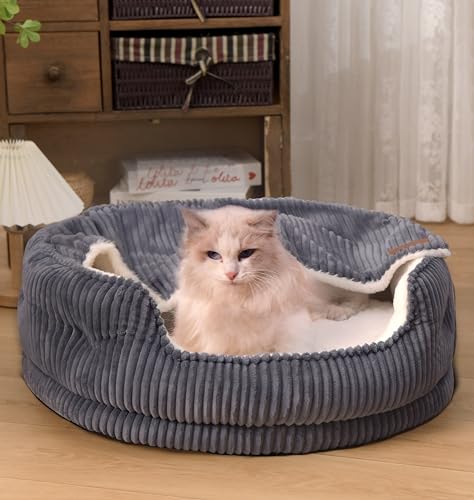 OMLIVLIES Cat Beds for Indoor Cats,with Soft Hooded Blanket.Comfortable Cute cat Bed,Removable Inner pad Washable with Non-Slip Bottom,Cozy Kitten?Small Dog Bed (Dark Grey)