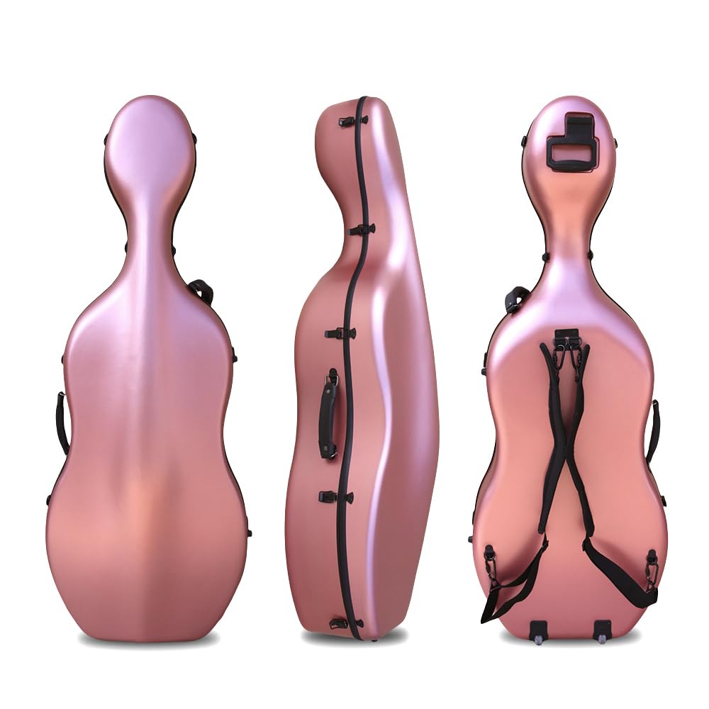 Yinfente Custodia per violoncello in fibra di carbonio 4/4, manico incorporato, ruota, cinturino posteriore, portatile, custodia rigida per violoncello, leggera, impermeabile, oro rosa