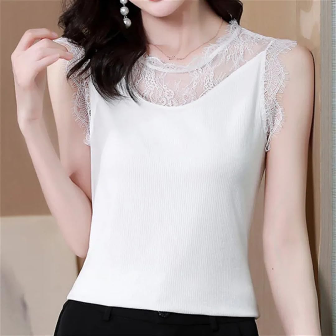 Top corto da donna estivo in pizzo con scollo a O senza maniche