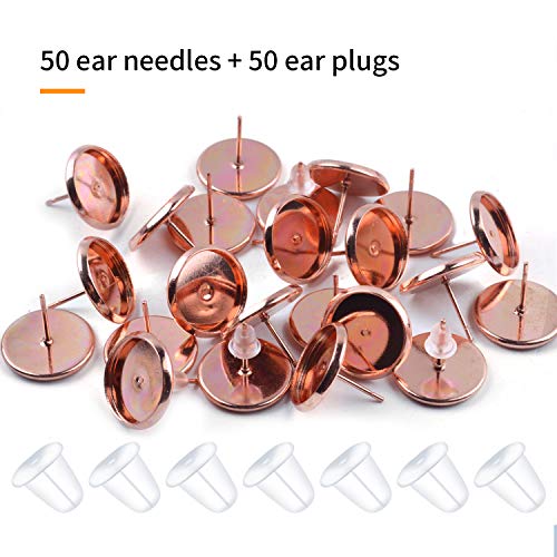 Bronagrand 50 Pieces Stainless Steel Stud Rose Gold Earring Cabochon Setting Post Cup For 10Mm And 50 Pieces Clear Rubber Earring Safety Back #TOP5