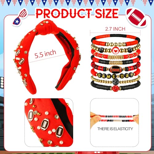 Quelay 9 Pcs Game Day Accessories Include 8 Pcs Football Bracelets and 1 Game Day Knotted Headband for Women Heishi Clay Beaded Stretch Bracelets for Football Baseball(Red,Cool)2