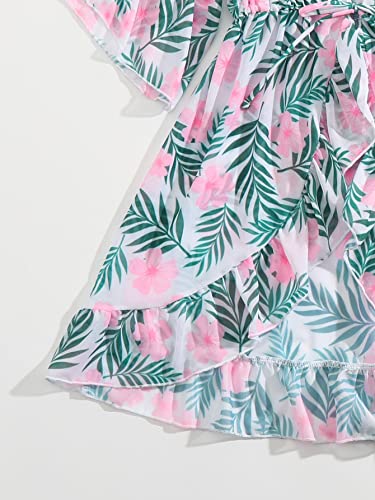 Shenhe Girl's Swimsuit Cover Ups Allover Tropical Print Drawstring Waist Ruffle Trim Bikini Cover Ups Multicolor 9Y #TOP3