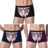 sandbank Men's 3 Pack Sexy Cute 3D Wolf Print Boxer Briefs Underwear Panties (US L, Black Wolf/Blue Wolf/Purple Wolf)
