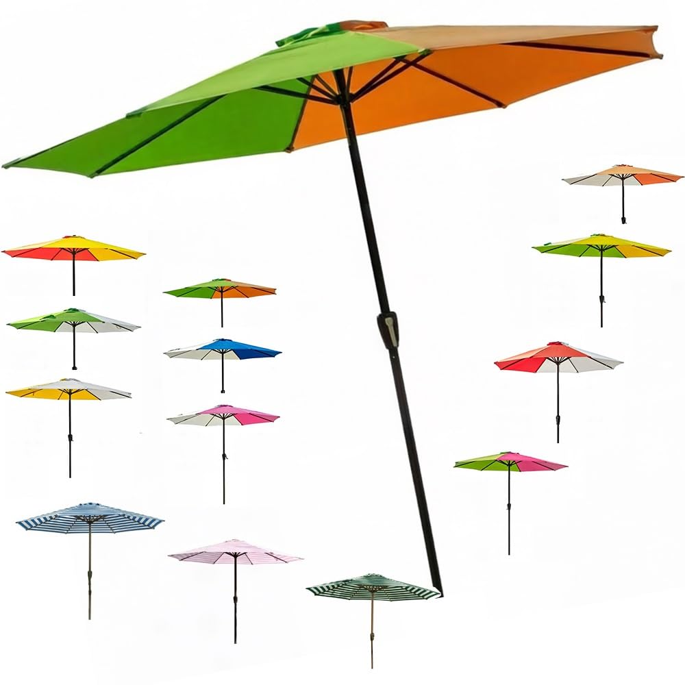 LARAKVEAKV Large Market Table Umbrella With Crank, 9FT Rainbow Sun Protection Umbrellas，Garden Stripe Parasol For Patio Backyard Deck Yard(Colorful 8)