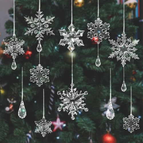 34pcs Crystal Christmas Ornaments,Clear Christmas Tree Pendants,Hanging Acrylic Snowflake Icicle Ornaments with Drop Pendants for Winter Wonderland Chandelier