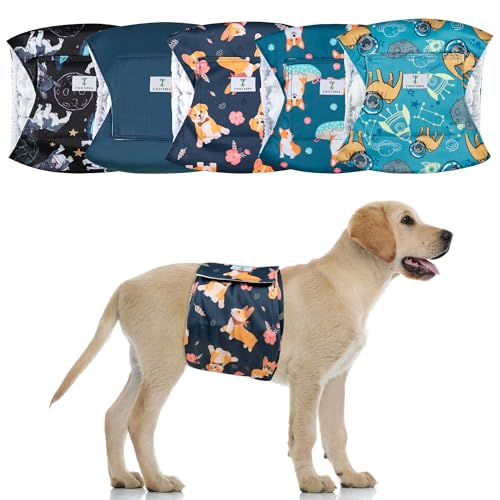 Image of 5 Pack Dog Diapers Male,Reusable Leakproof Pet Soft Dog Belly Band Wraps,High Absorbency Male Dog Diaper,Wider Washable Belly Band for Doggy Incontinence and Puppy Training