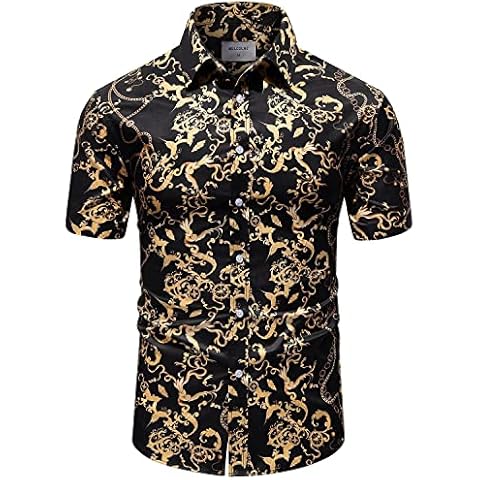 Mens Black Gold Chain Dress Shirts Luxury Baroque Print Casual Short Sleeve Button Down Buchona Silky Shirt XXL Cover