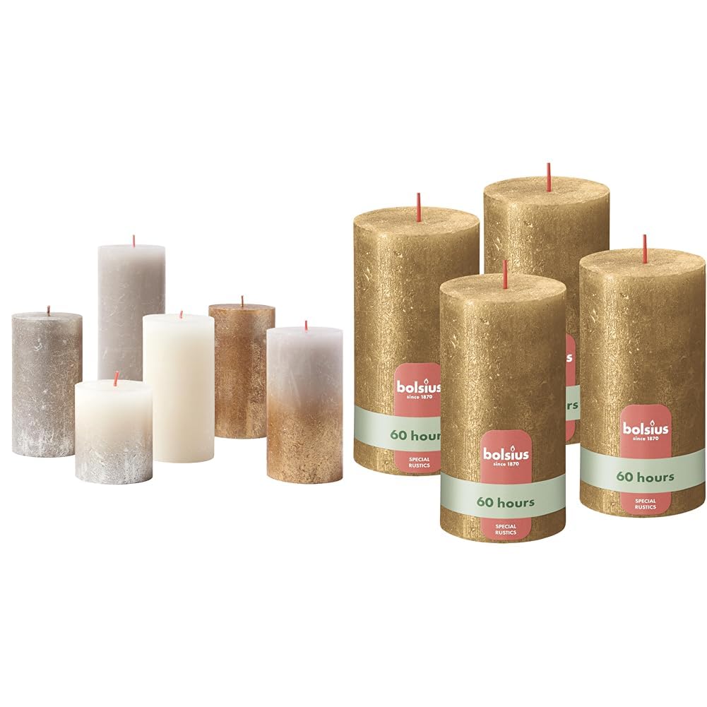 Bundle of Bolsius - Juego de regalo de velas rústicas – New Sparkle – Caja de 6 velas – Largo tiempo de combustión + Bolsius - Velas rústicas de pilar - 60 Ore - 13 x 7 cm - Pack 4 - Oro