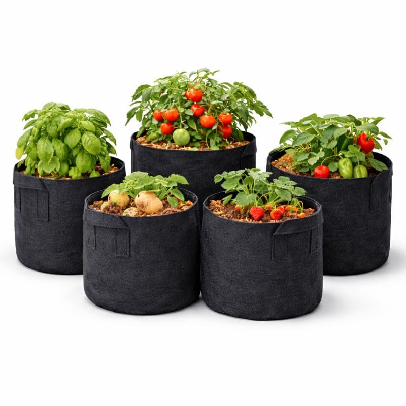 Metro Garden Felt Grow Bags (5 Pack) – 7 Gallon Fabric Plant Pots, Breathable Nonwoven Grow Bags for Vegetables, Herbs & Flowers (Black)
