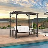 PURPLE LEAF 3-Seat Porch Swing Outdoor Metal Pergola Swing Bed Hanging Cloud Swing Chair with Stand for Backyard Garden Patio Hammock Swinging, Cushion and Pillows Included, Coffee