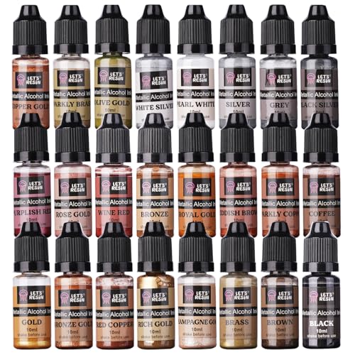 LET'S RESIN Metallic Alcohol Ink Set-24 Colors Metal Color Alcohol Based Resin Ink, High Concentrated & Shimmer Mixatives, Alcohol Paint for Epoxy Resin, Resin Petri, Tumblers, Coasters(Each 0.35oz)