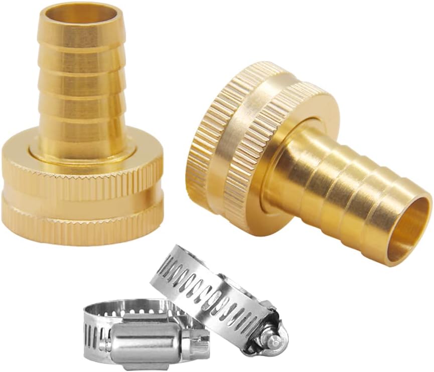 Hooshing2PCS Garden Hose Connetor 5/8" Barb x 3/4" Female GHT Thread Repair Hose End Mender Brass Water Hose Adapter with Stainless Clamp