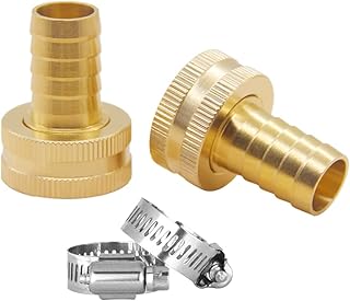 Hooshing 2PCS 3/4" barb x 3/4" Female GHT Thread Soild Brass Garden Hose Repair Kit Female Hose End Mender Water Hose Connector with Stainless Clamp