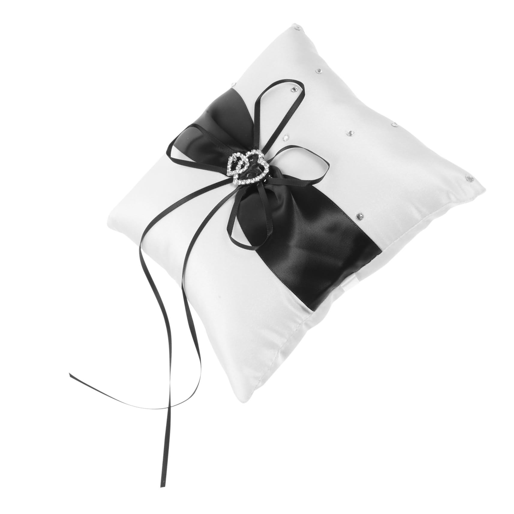 Unomor Unique Wedding Ring Pillow Engagement Decor Double Heart Lace Rhinestones Bowknot Soft Comfortable 20x20cm