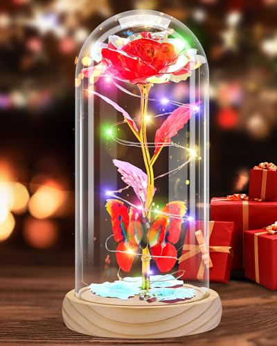 Otlonpe Preserved Forever Valentines Day Flower Gifts for Her, Glass Rose Wood Base Colored Light Butterfly Gifts for Women Mom Grandma Girlfriend Wife, Valentines Mothers Day Christmas Birthday Gift