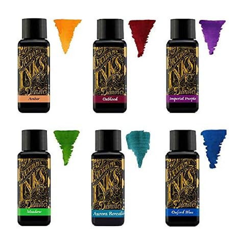 Diamine Fountain Pen Ink 30ml - Colour Wheel - 6 x Bottles - Amber, Oxblood, Imperial Purple, Aurora Borealis, Oxford Blue, Meadow Cover