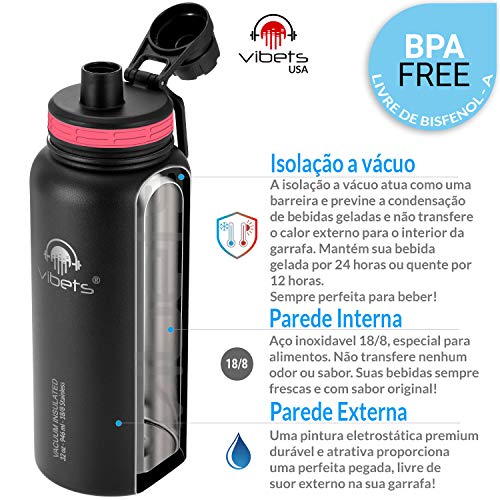 Garrafa Térmica Sport Vibets Hydro USA com Parede Dupla Isolada a Vácuo, 946 ml (Preta/Rosa)