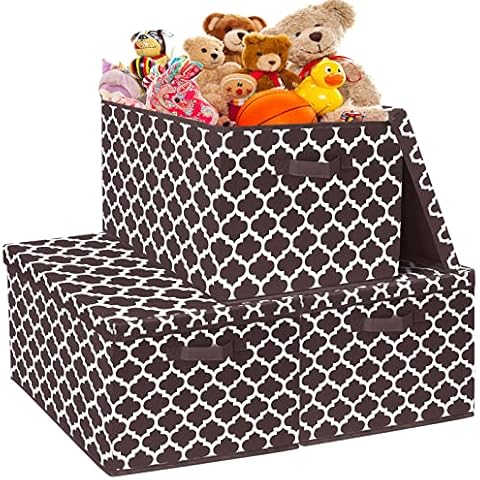 Toy Boxes Organizers and Storage Bins with Lids - Collapsible Storage Cubes Baskets with Durable Handles for Closet,Playroom,Shelves,Office,Nursery,Pantry (15.9x12x10.2 inches)-Brown 3 Pack Cover