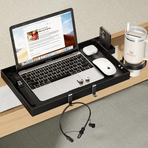 Bedside Shelf Metal,Bunk Bed Table Shelf for Top Bunk Heavy Duty Clip On Bed Side Table Tray for College Dorm Room,Loft Nightstand Organizer Tray with Removable Cup Holder & Phone Holder(Black)