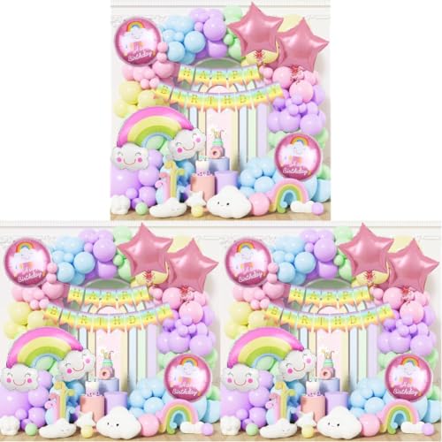 Image of Rozi Decoration Rainbow Birthday Decoration Kit - 58 Pcs Happy Birthday Decor Set with Foil Balloon, Banner, Arch & 50 Pastel Balloons for Boys & Girls Birthday Party Supplies (Pack of 3)