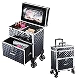 Adazzo Professional Rolling Makeup Case with Drawer for Makeup Artists Cosmetic Train Case Large Storage Case for Nail Technicians Cosmetology Case with Detachable Bag for Hairstylist Black