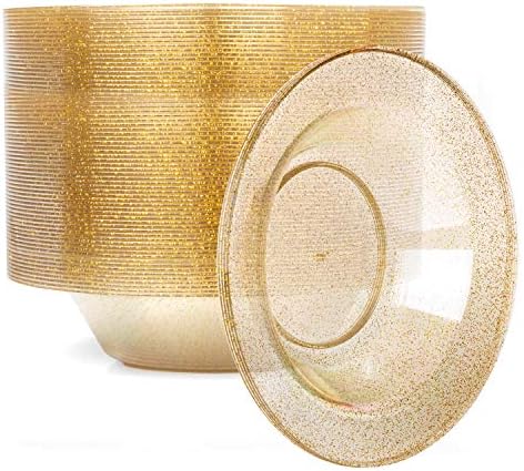 Ilyapa 12oz Plastic Bowls Set of 100 - Gold Glitter 12 oz Heavy Duty Dessert Disposable Bowl Pack for Wedding or Party