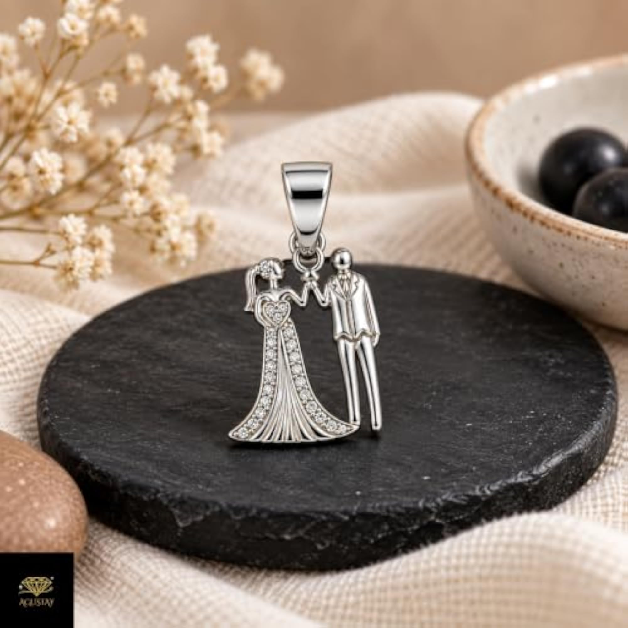 Women's 925 Sterling Silver Bride & Groom Pendant Necklace