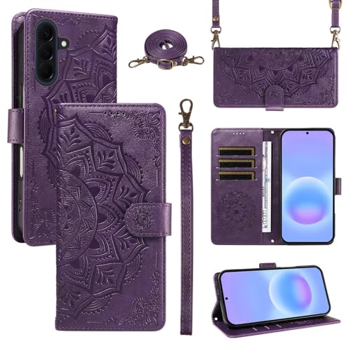 FERLAN Funda Cartera para OPPO Realme 11 4G, Funda Libro de Cuero con Tarjetero, Cremallera, Correa Bandolera, Magnético, Soporte, Carcasa Antigolpes Elegante para Mujer,Morado