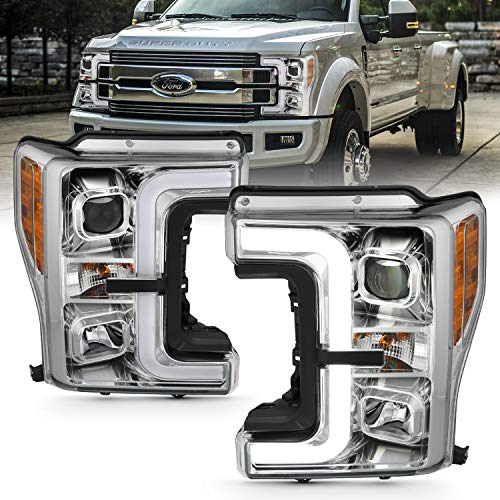 AmeriLite for 2017-2019 Ford Super Duty F250 F350 XL XLT Chrome Replacement Quad Projector Headlights w LED Bar Set - Passenger and Driver