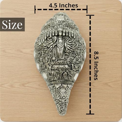 Image of Silver Plated Virat Roop Vishnu Shankh - 8.5 Inches Antique Finish Decorative Conch Shell with Detailed Religious Engravings - Vastu Pooja Item for Home Mandir - Symbol of Wealth and Luck