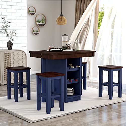 Merax 5 Pieces Dining Table Set, Farmhouse Wood Counter Height Dining Set, Kitchen Table with 3-Tier Adjustable Storage Shelves, Wine Racks and 4 Stools (Brown and Blue)