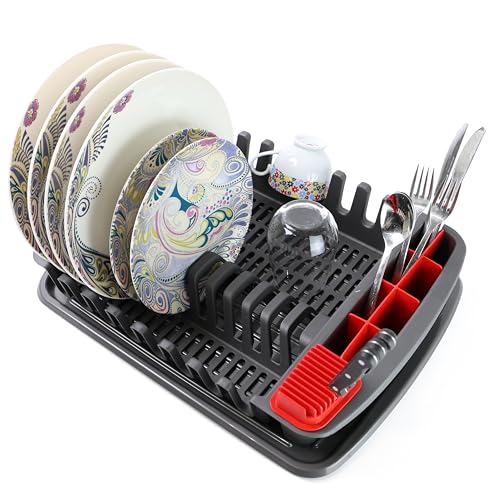 DIVCHI Dish Drainer Plastic Dish Drying Rack Sink Drainer With Cutlery Cup Utensil Holder For Kitchen Counter (Dark Gray)