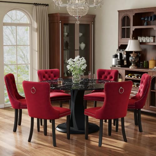 Image of 7-Piece Dining Table Set for 6 with 47 In Black Faux Marble Round Table
