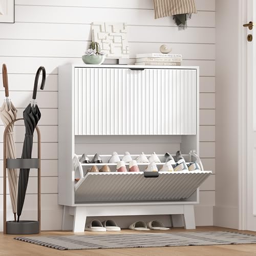 Image of HUANLEGO Shoe Cabinet Storage for Entryway with 2 Flip Drawers, Fluted Narrow Shoe Organizer with Wooden Legs, Freestanding Slim Shoe Storage Hidden Shoe Rack Organizer for Front Door Entrance, White