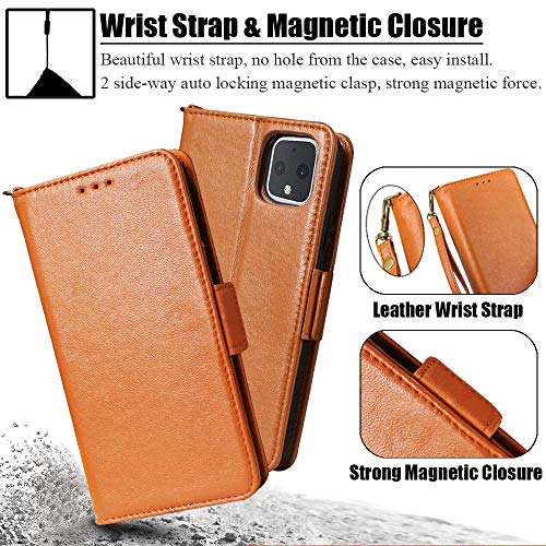 Samgg Genuine Leather Pixel 4 Wallet Case, 2 In 1 Magnetic Detachable, With Tempered Glass And Wrist Strap, 2-Way Stand, Premium Luxury Leather Flip Folio Case For Google Pixel 4 2019 5.7" (Brown) #TOP5