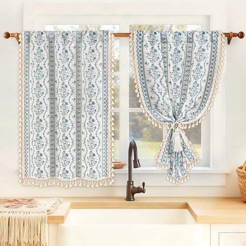 Image of Yinhua Boho Kitchen Curtains 36 Inch Length Vintage Linen Cafe Curtains Light Filtering Bohemian Floral Tier Rod Pocket Farmhouse Rustic Tassel Small Drapes with Tiebacks, 2 Panels, White Blue