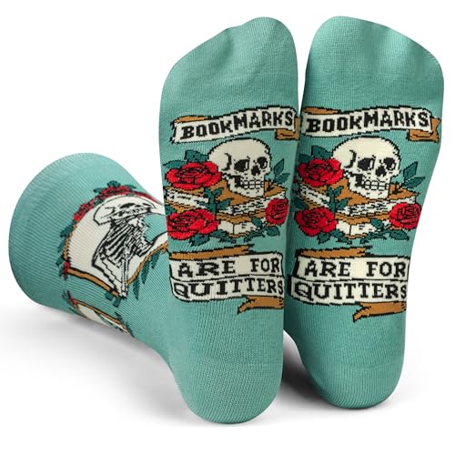 Lavley Book and Reading Socks for Adults - Funny Gifts for Reader - Cozy Socks for Men and Women - Great for birthdays or Christmas (Bookmarks are for Quitters)