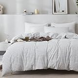 JELLYMONI 100% Natural Cotton 3pcs Striped Duvet Cover Sets, White Duvet Cover with Thin Black Stripes Pattern Printed Comforter Cover, with Zipper Closure & Corner Ties(King Size)