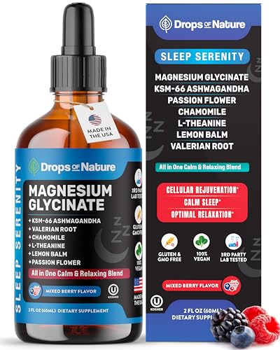 Magnesium Glycinate & Ashwagandha Liquid Drops with Valerian Root, Chamomile, Passion Flower, Lemon...