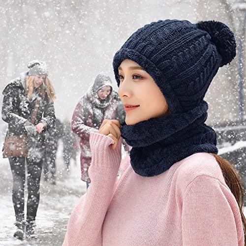 Huamulan Women Winter Beanie Hats One-Piece Fleece Lined Knit Balaclavas Mask Set Skull Neck Circle Scarf Ski Snow Hat Cap With Pompom #TOP3