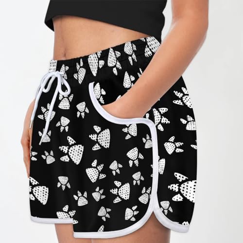 Short atlético feminino com estampa de patas desenhadas à mão para o verão, casual, atlético, confor